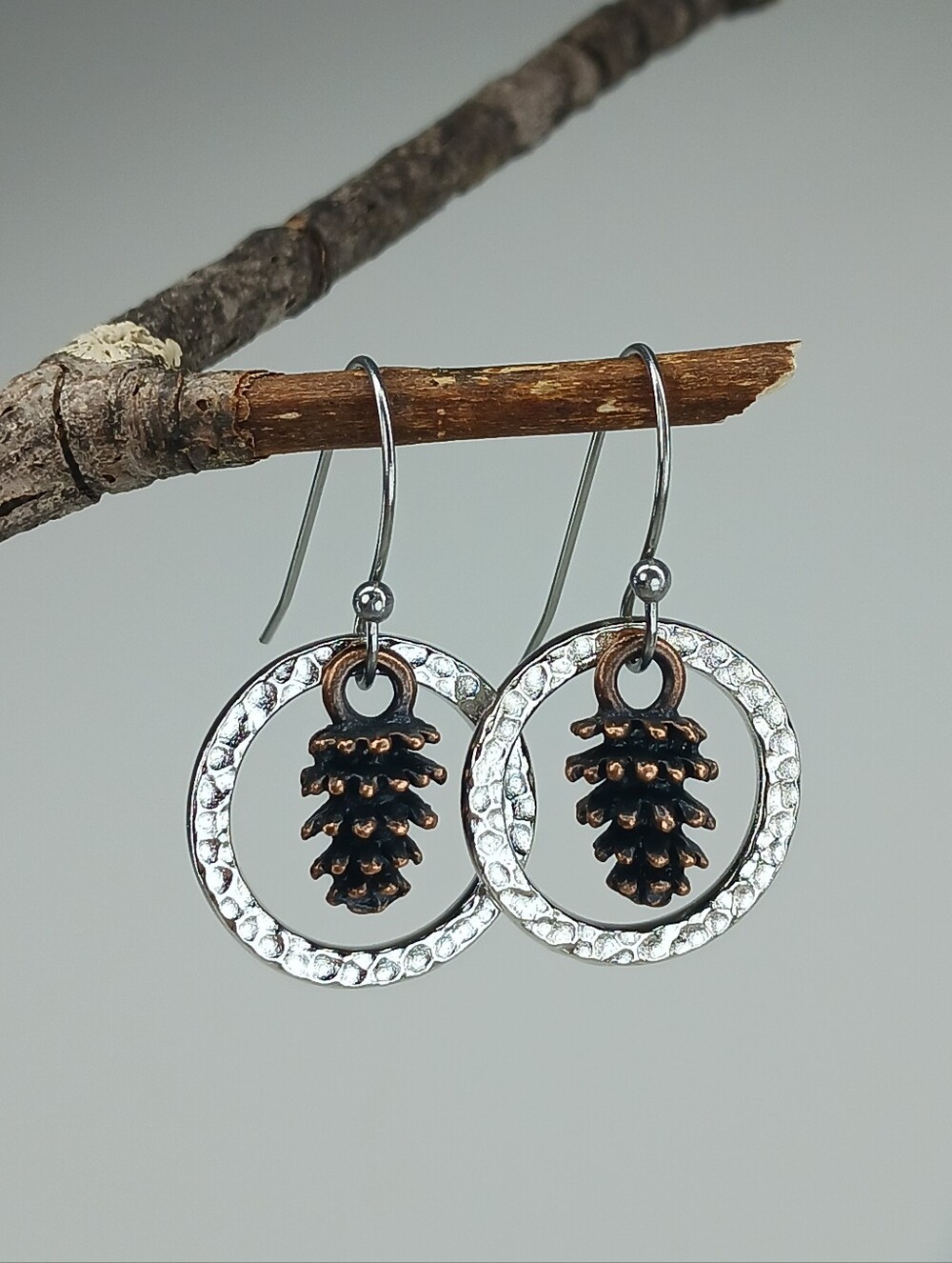 Mixed Metal Pinecone Earrings Hammered Silver Copper Woodland Hand Crafted - Picture 2 of 6